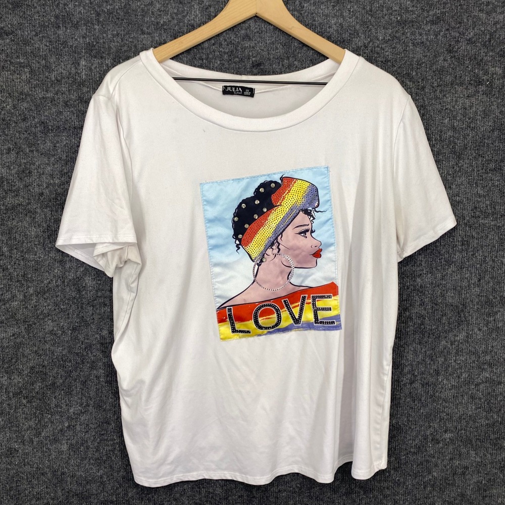 Julia by Love J White Graphic Tee Rhinestone Love Woman Headwrap 1X Plus Size